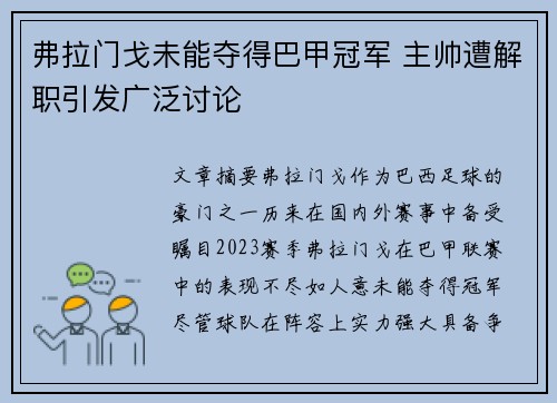 弗拉门戈未能夺得巴甲冠军 主帅遭解职引发广泛讨论 弗拉门戈未能夺得巴甲冠军 主帅遭解职引发广泛讨论